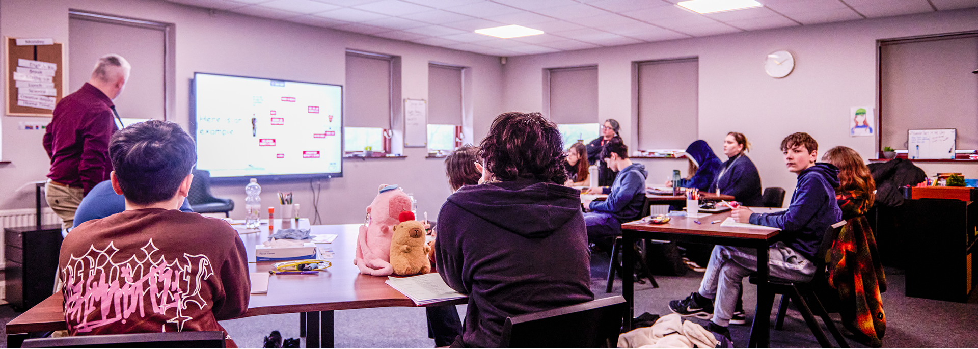 A wide view from the back of a classroom, with pupils seated at desks arranged in a semicircle facing the teacher and whiteboard